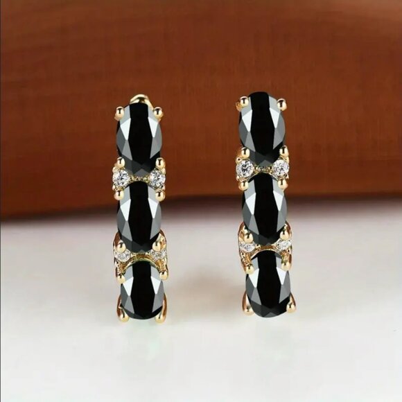 14K Gold Womens 2ct Black Onyx Gemstone 1ct Diamond Latch Back Earrings Jewelry